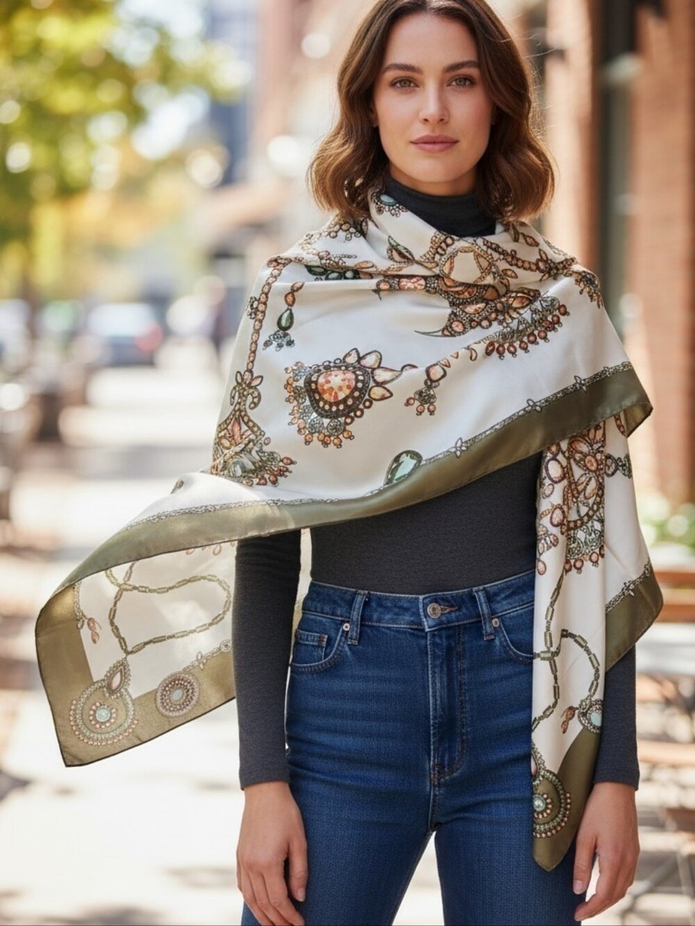 Elegant Cream and Olive Printed Silky Scarf - Women Accessories